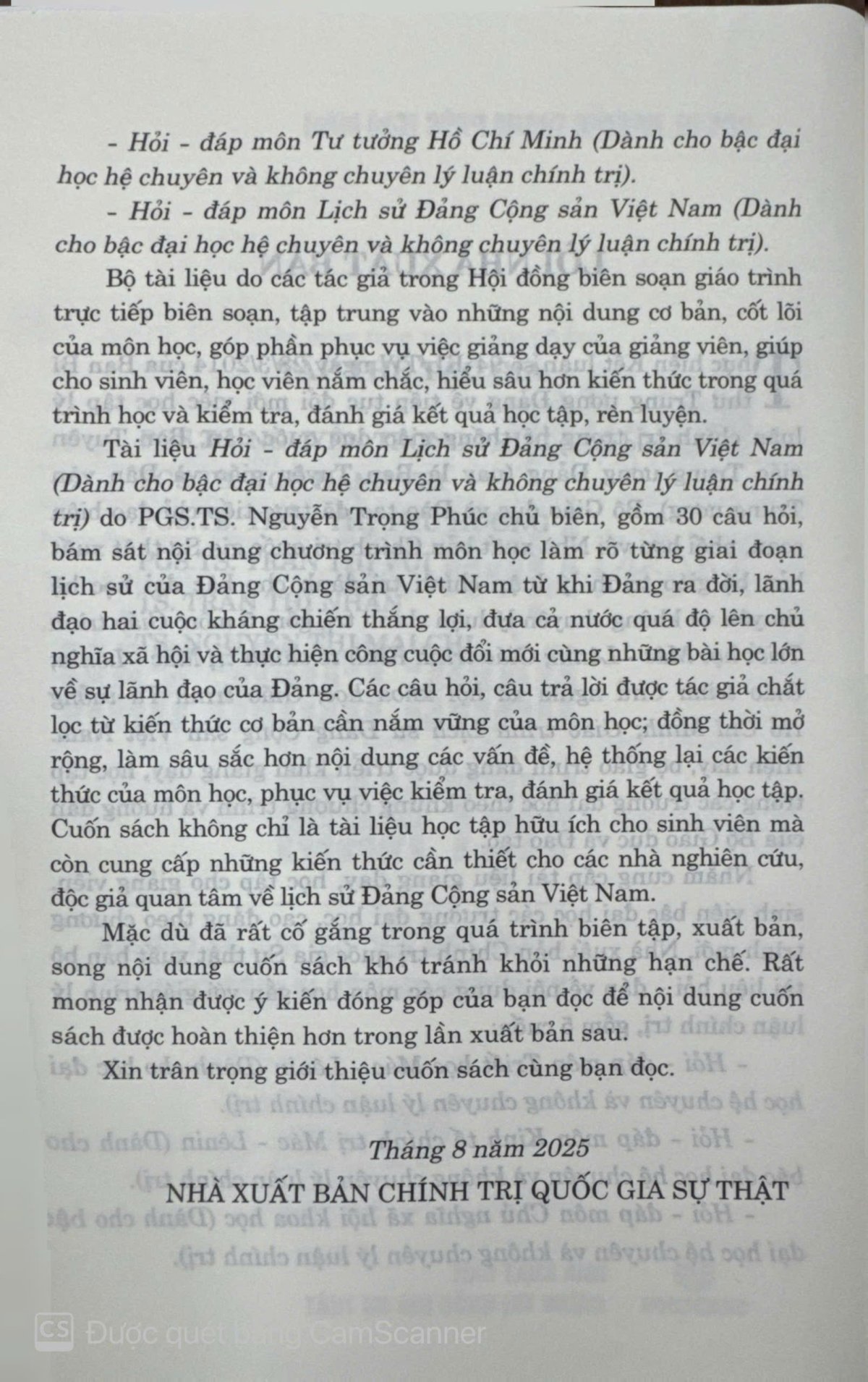 Hỏi - đáp môn Lịch sử Đảng Cộng sản Việt Nam (Dành cho bậc đại học hệ chuyên và không chuyên lý luận chính trị)